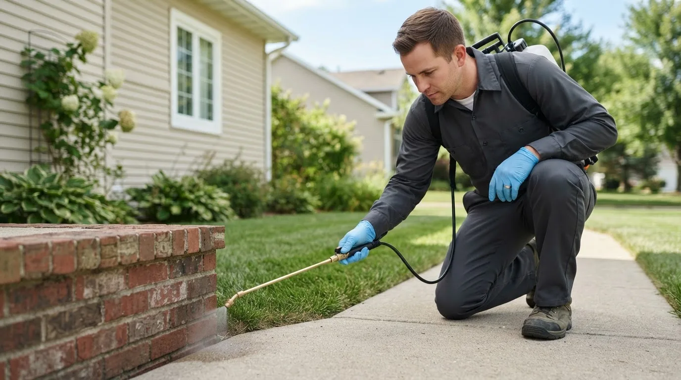 Pest control technician treating a home near Lebec, CA